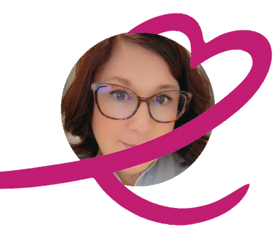 Woman with glasses framed by a pink heart-shaped line.