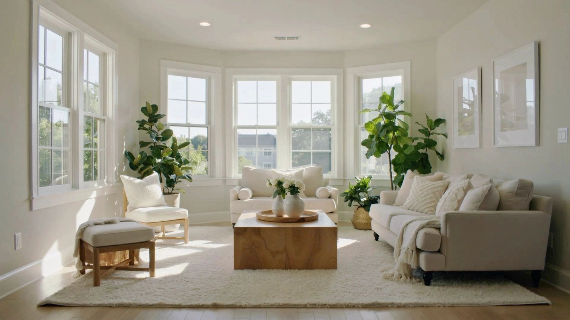 Bright living room with neutral furniture and abundant natural light.
