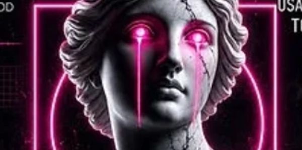 Neon-lit statue with glowing pink eyes.