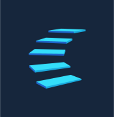 Blue 3D floating steps curving upward on dark background.