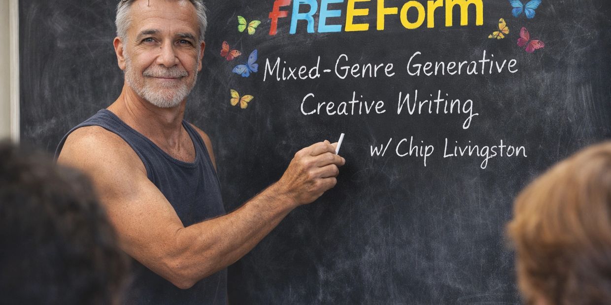 Hombre sonriente enseñando escritura creativa en pizarra.
