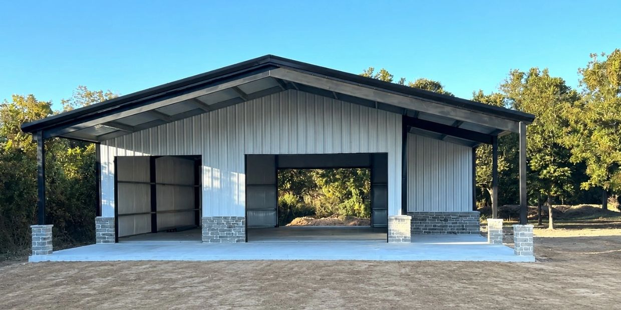 New metal barn with open bays and brick accents under clear blue sky.