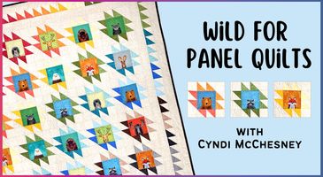 Colorful star-patterned panel quilt with animal images, featuring a workshop by Cyndi McChesney.