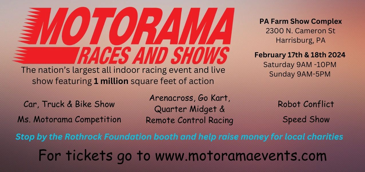 Motorama Races and Shows indoor racing event in Harrisburg, PA, February 17-18, 2024.
