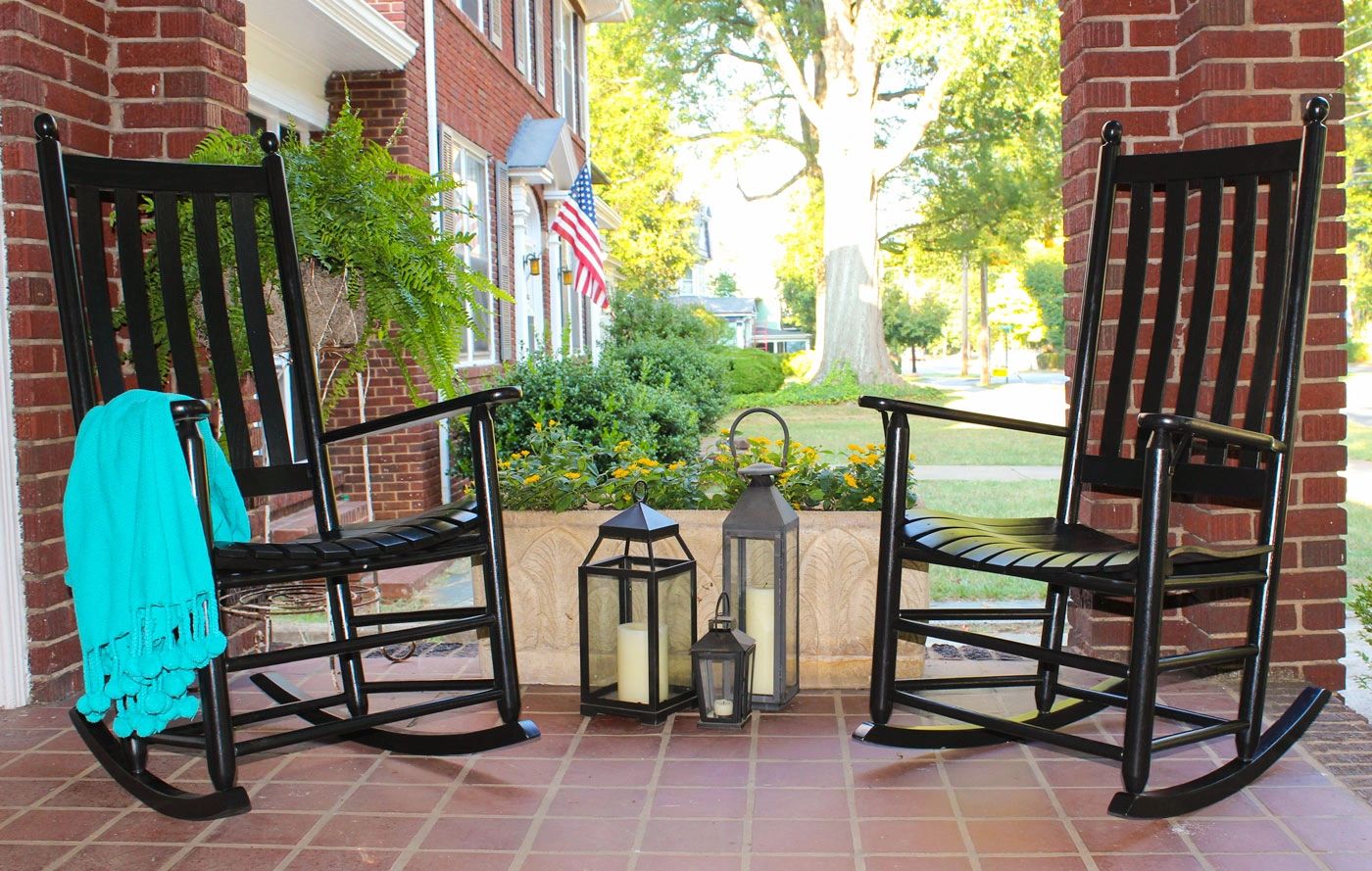two traditional black wood porch rocking chairs Land and Lake Patio Summerville, SC Swoyersville, PA