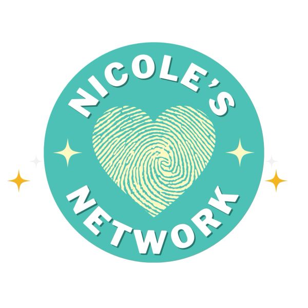 Logo with fingerprint heart and text 'Nicole's Network'.