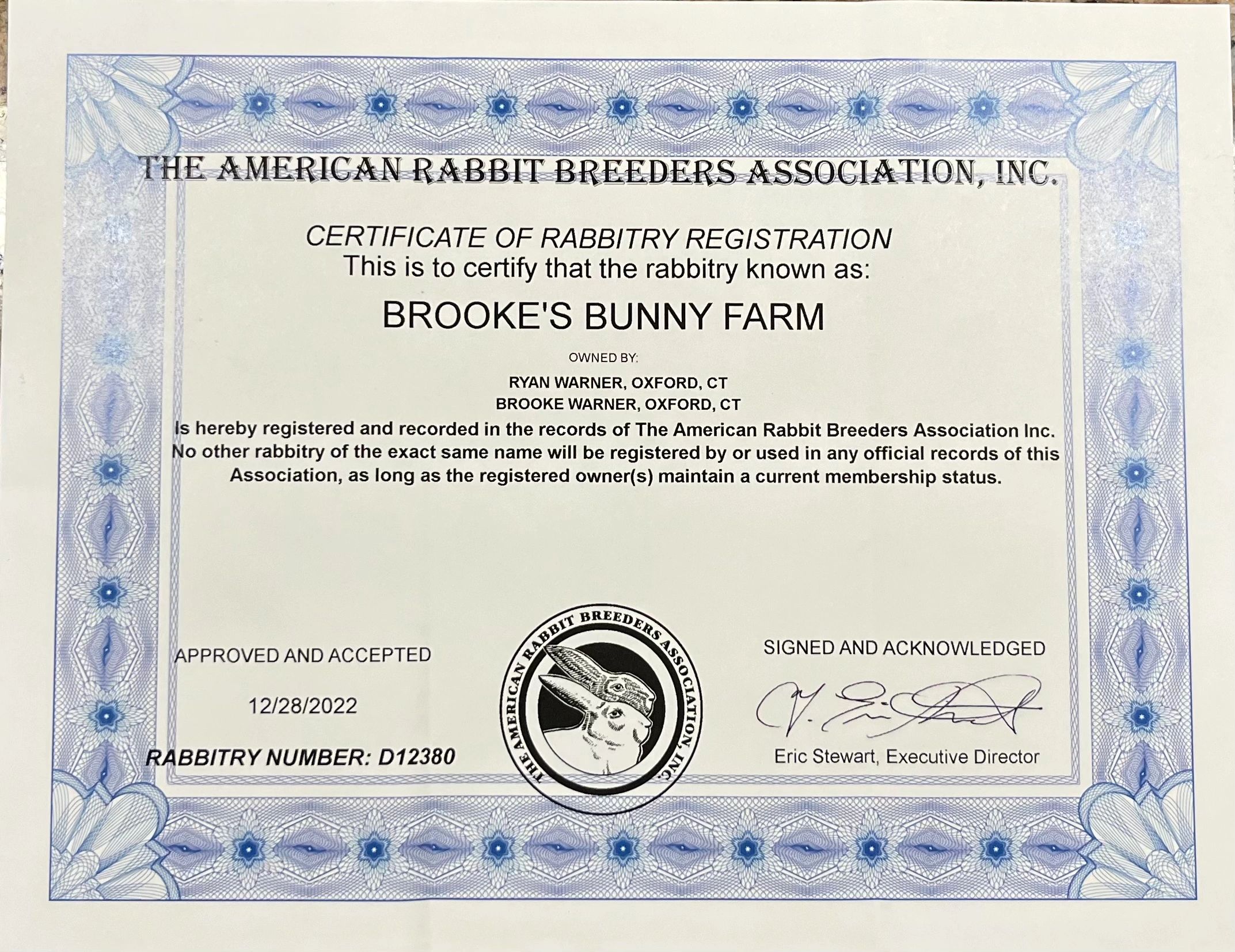 Certificate of rabbitry registration through the American rabbit breeders association Inc.