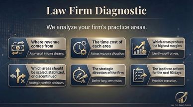 Infographic outlining key diagnostic areas for law firm performance analysis.