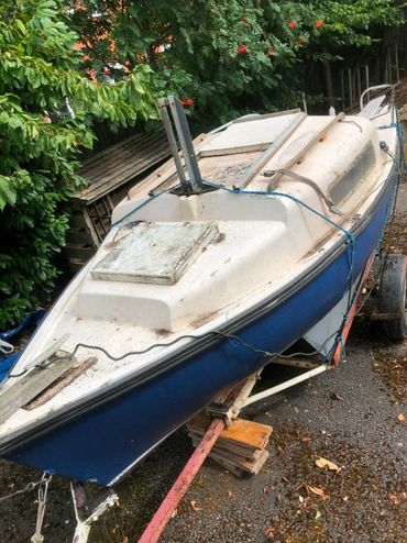 An old blue and white boat on a trailer surrounded by greenery.