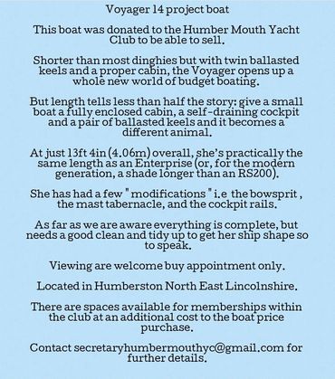 Text describing the Voyager 14 project boat and its sale details.