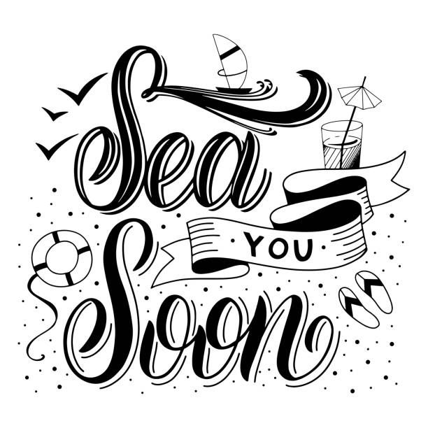 Artistic text design saying 'Sea You Soon' with beach-themed illustrations.