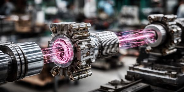High-tech machinery with glowing energy beams in an industrial setting.