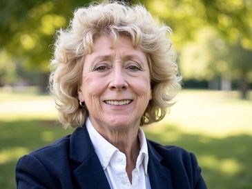 Smiling older woman in a blazer outdoors on a sunny day.