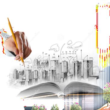 Hand sketching a cityscape emerging from an open book.