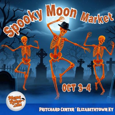 Spooky Moon Market event flyer with dancing skeletons.