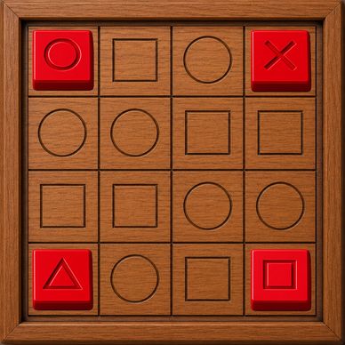 Wooden tic-tac-toe board with red pieces on four corners.