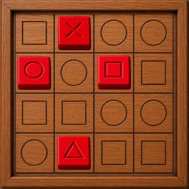Wooden board game with red pieces on various shapes.