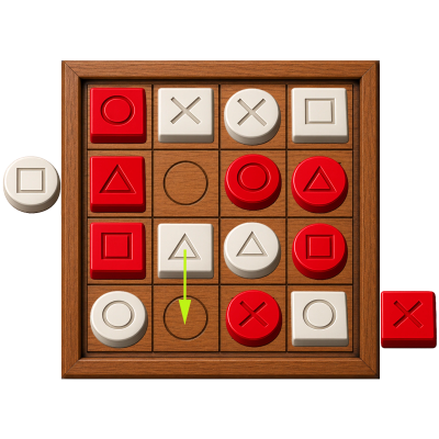 Tic-tac-toe game with colorful geometric pieces on wooden board.