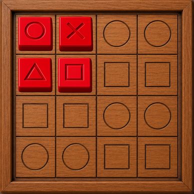 3x4 tic-tac-toe board with red 3D symbols on top-left.