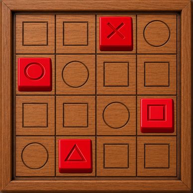 Wooden board game with red game pieces on different shapes.