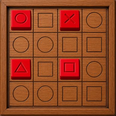 Wooden tic-tac-toe board with red 3D symbols.