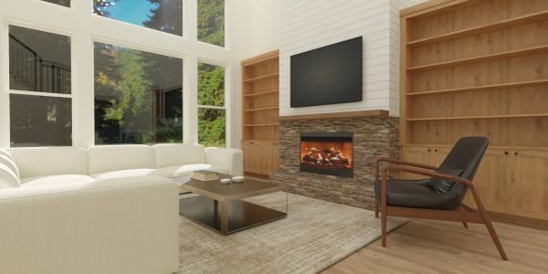 An interior rendering showing a fireplace.