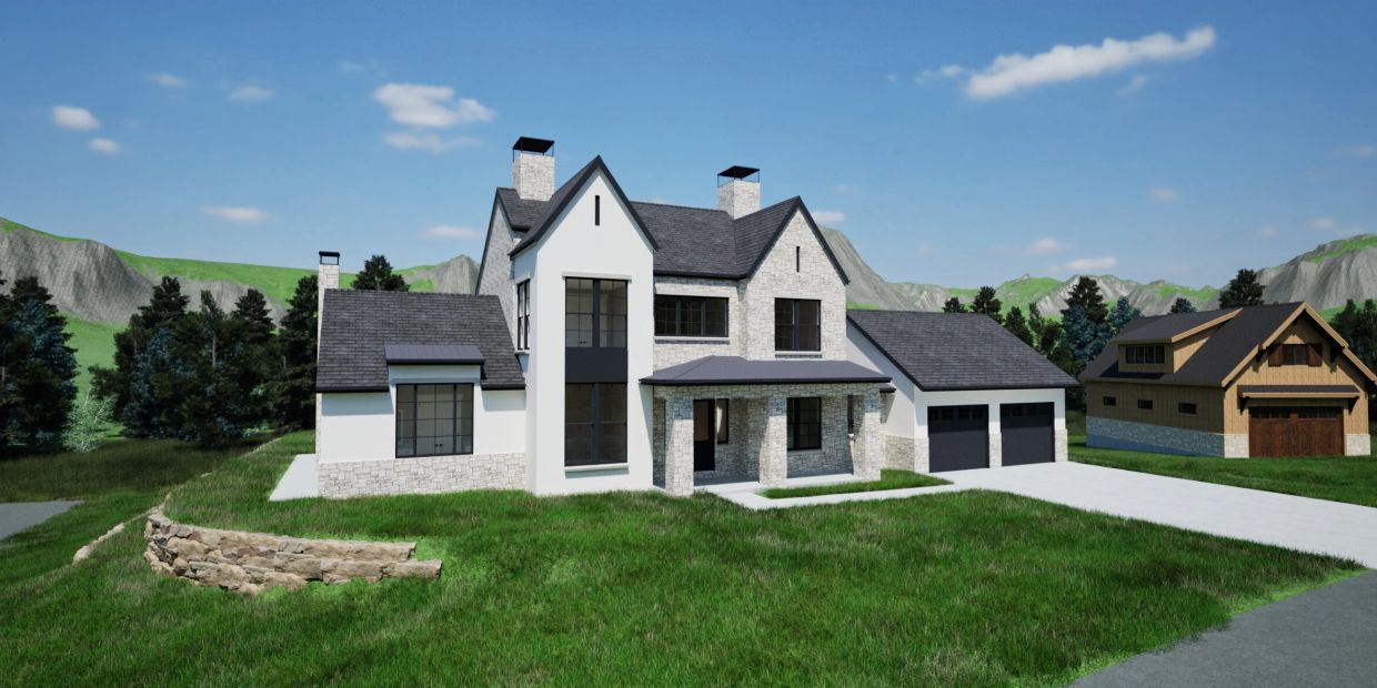 Exterior rendering of a luxury mountain home in Park City with stone, timber, and large windows.
