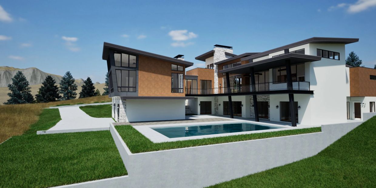 Exterior rendering of a luxury home with stone, steel and large windows.