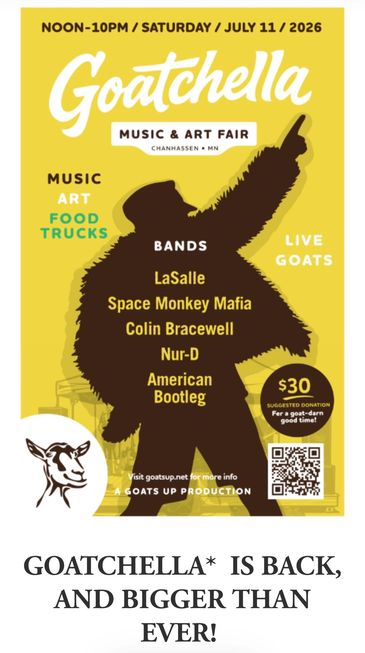 Goatchella music and art fair with live goats and bands.