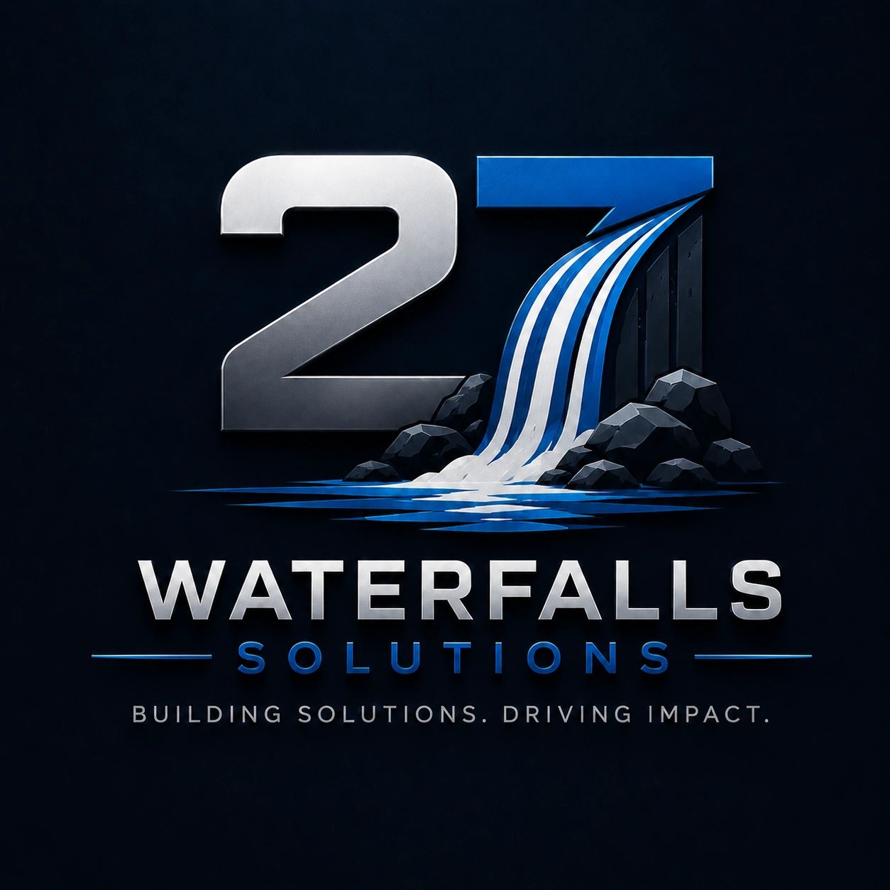 Logo for 27 Waterfalls Solutions with a waterfall integrated into the number 7.
