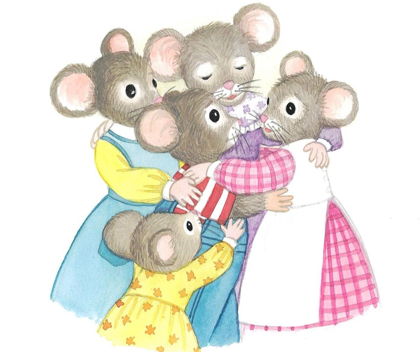 Jolley Mouse family hug. Mouse family group hug. Sweet times and Family love. Jolley is safely home