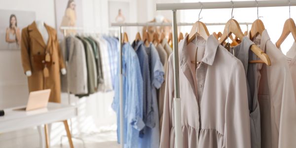 Clothing rack with various garments in a bright room.