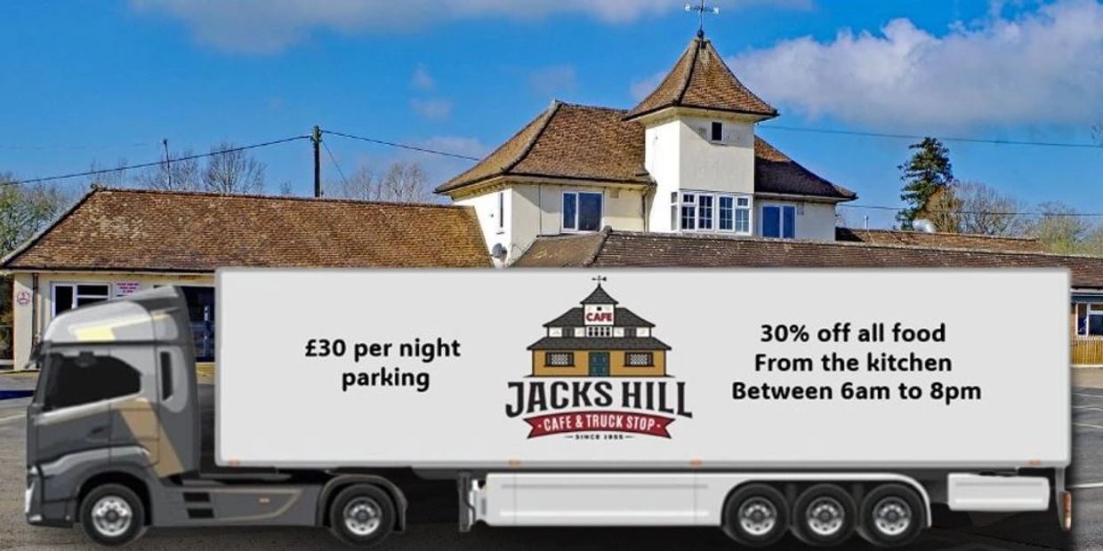 Truck advertising Jack's Hill cafe's parking and food discount offers.