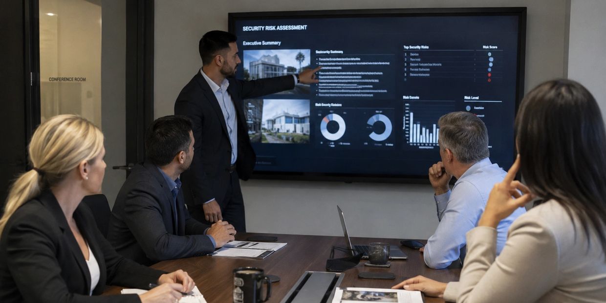 Business team reviewing security risk assessment on screen.