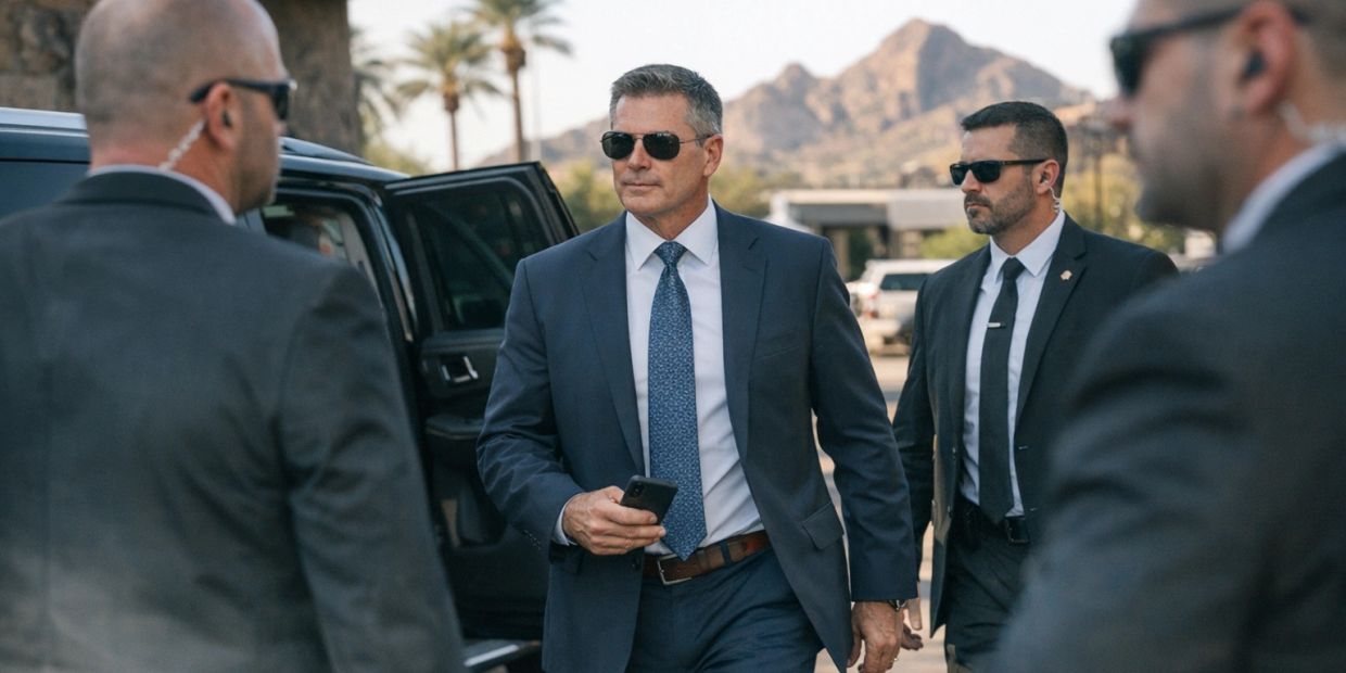 A man in a suit surrounded by security agents outdoors.