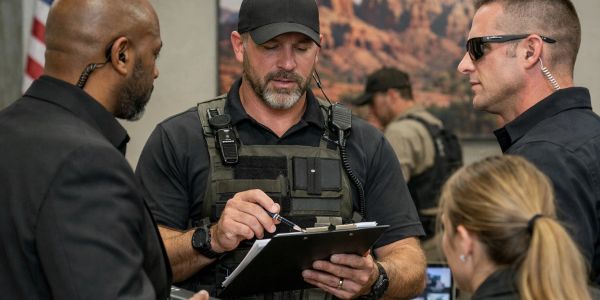 Security team discussing plans with clipboard.