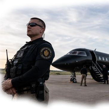 Security personnel guarding a private jet on an airstrip.