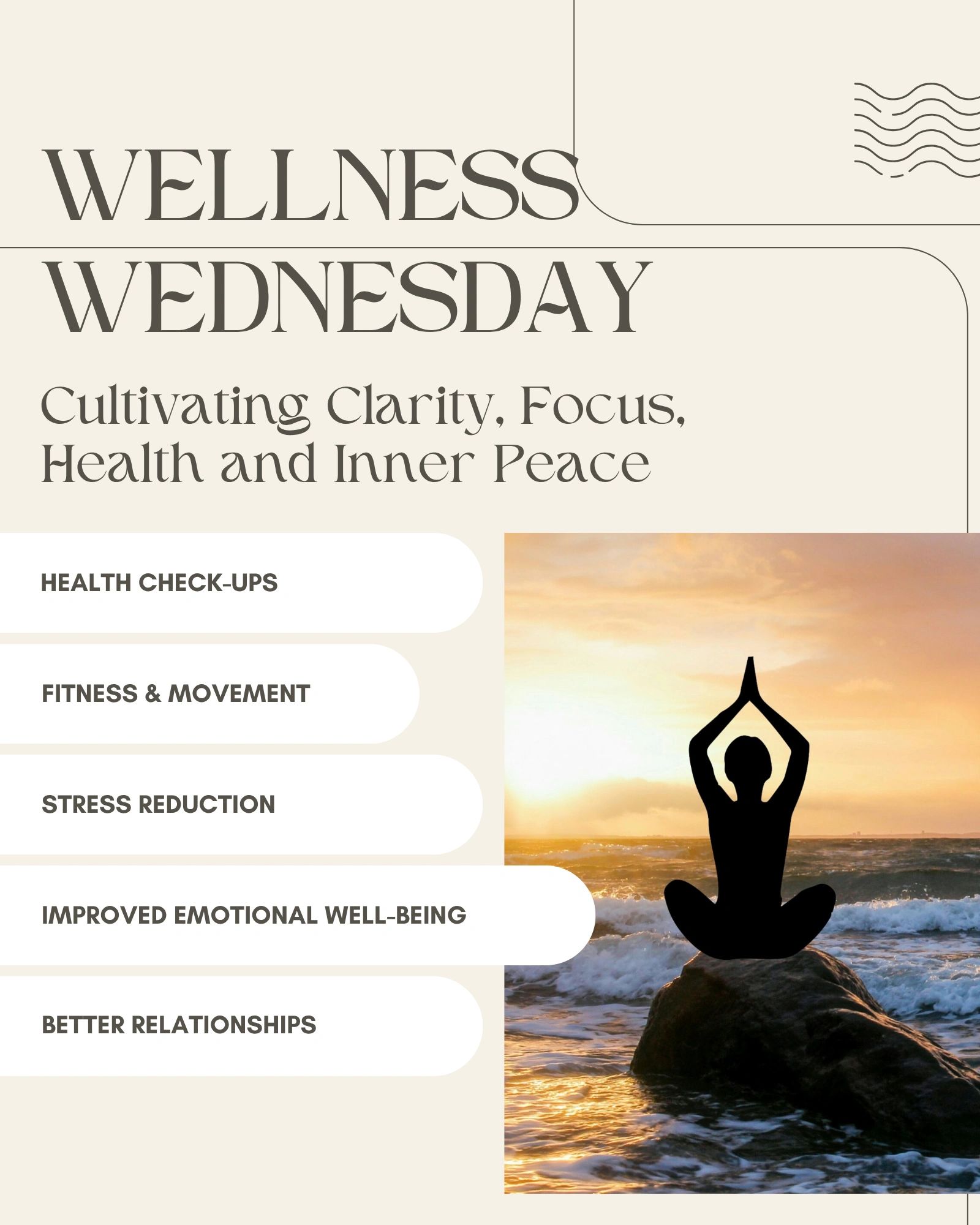 Wellness Wednesday promoting clarity, focus, health, and inner peace with yoga at sunset.