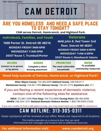 Flyer offering safe places for homeless individuals in Detroit and surrounding areas.