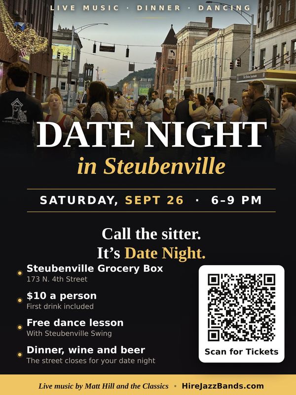 Date Night in Steubenville poster for Saturday September 26 2026, live music and street dancing on F