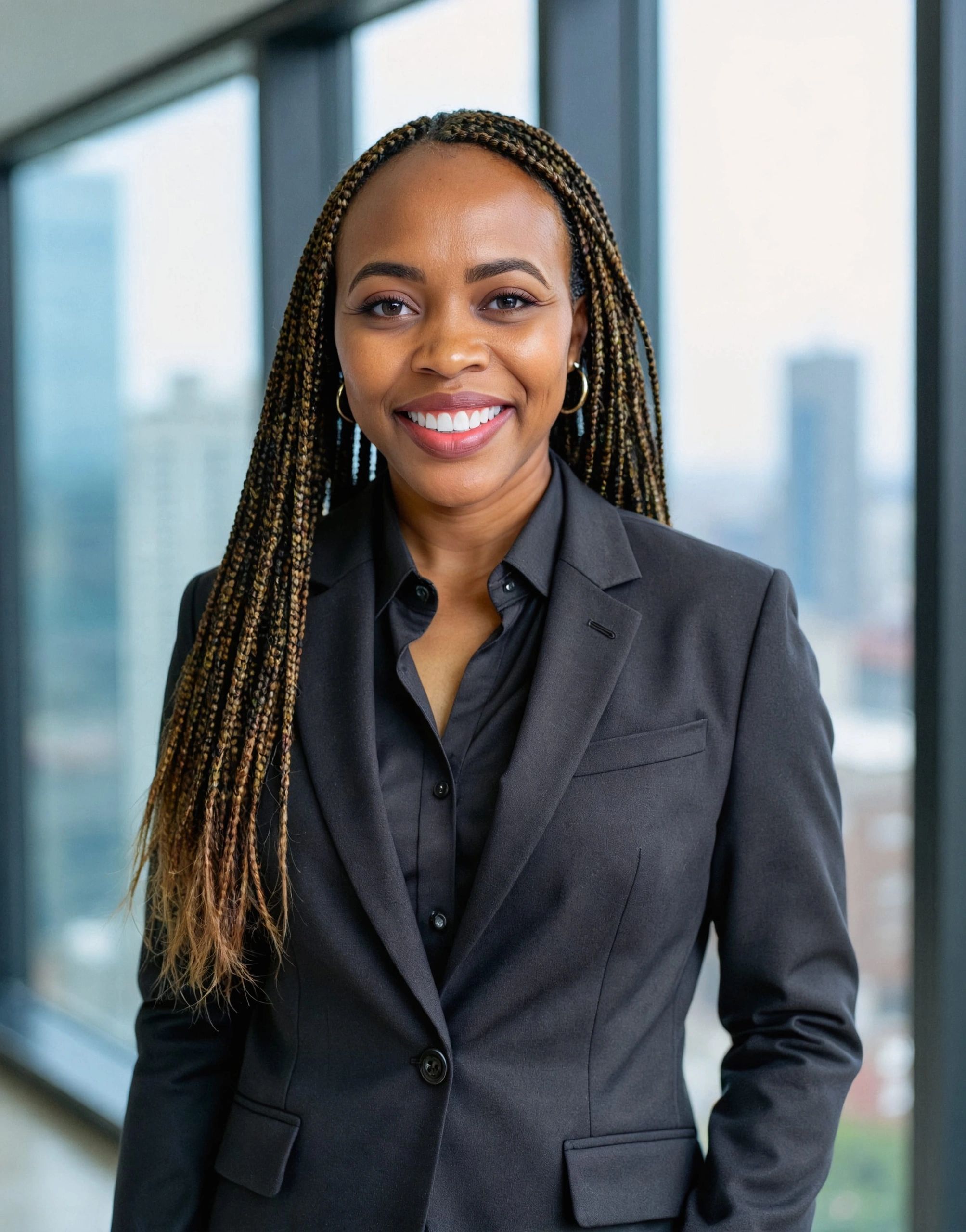 Confident woman with braided hair wearing a black suit and smiling.