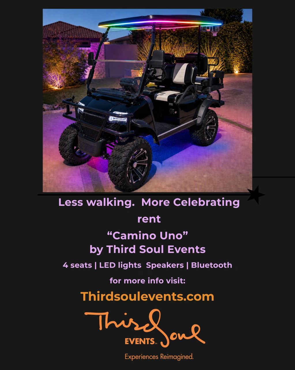 Golf cart rental with LED lights, speakers, and Bluetooth.