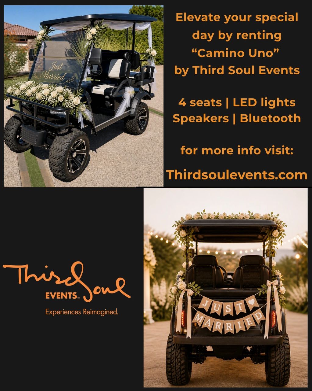 Decorated golf cart rental for weddings by Third Soul Events.