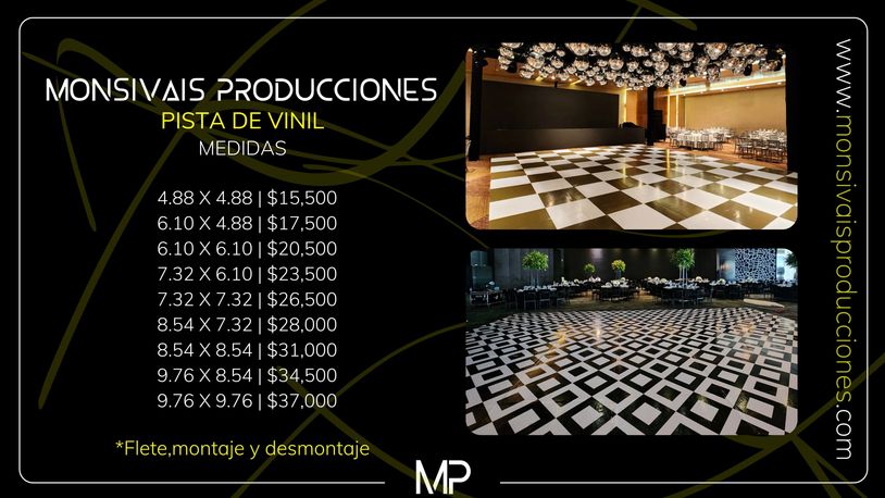 Vinyl dance floor options with sizes and prices by Monsivais Producciones.