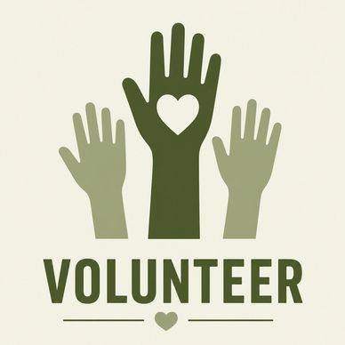 Three raised hands with a heart symbol, symbolizing volunteering.