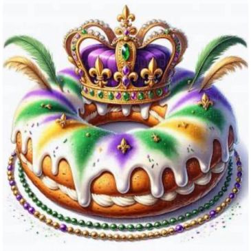 Mardi Gras king cake with a jewel-encrusted crown.