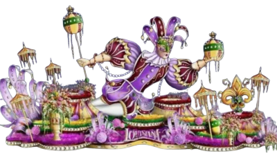 Colorful Mardi Gras parade float with jester and lanterns.