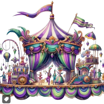 Colorful carnival float with circus tent and animals.