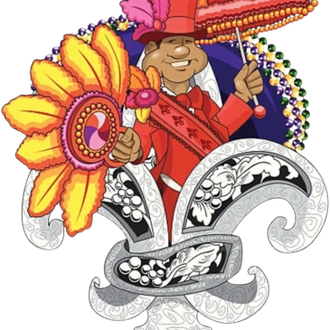 Cartoon man in red holding a colorful umbrella and sunflower shield.