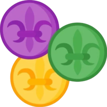 Three colorful round badges with fleur-de-lis symbols.